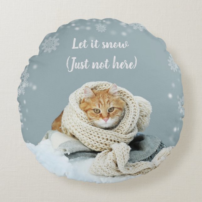 Snow Cat Rond Sierkussen Kussen (Voorkant)