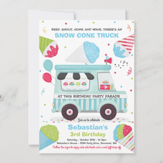 Snow Cone verjaardagsfeestje rijden door verjaarda Kaart (Voorkant)