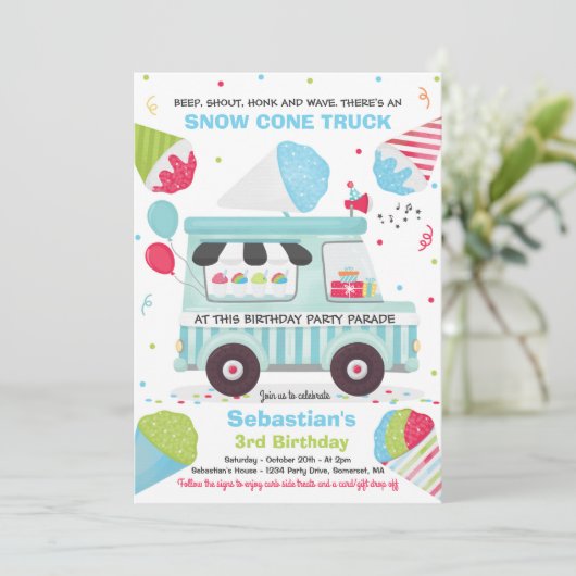 Snow Cone verjaardagsfeestje rijden door verjaarda Kaart (Staand voorkant)