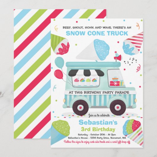 Snow Cone verjaardagsfeestje rijden door verjaarda Kaart (Voorkant / Achterkant)