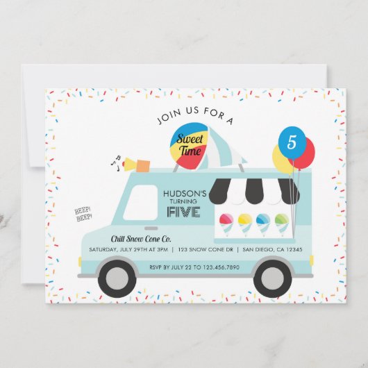 Snow Cone Vrachtwagen Verjaardagsfeestuitnodiging Kaart (Voorkant)