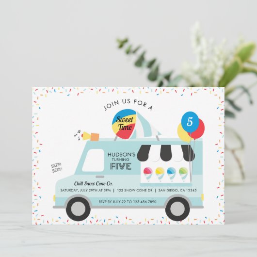 Snow Cone Vrachtwagen Verjaardagsfeestuitnodiging Kaart (Staand voorkant)