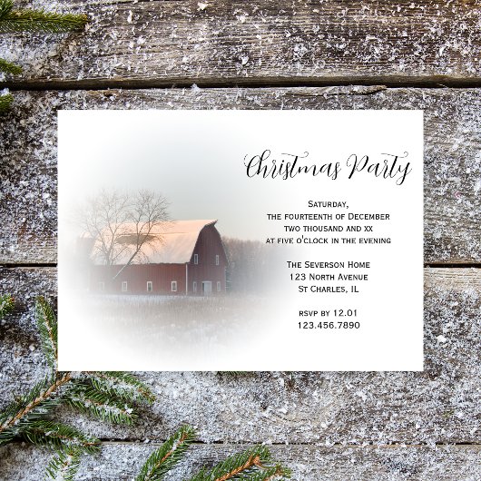 Snow Covered Barn Country Kerstparty Kaart