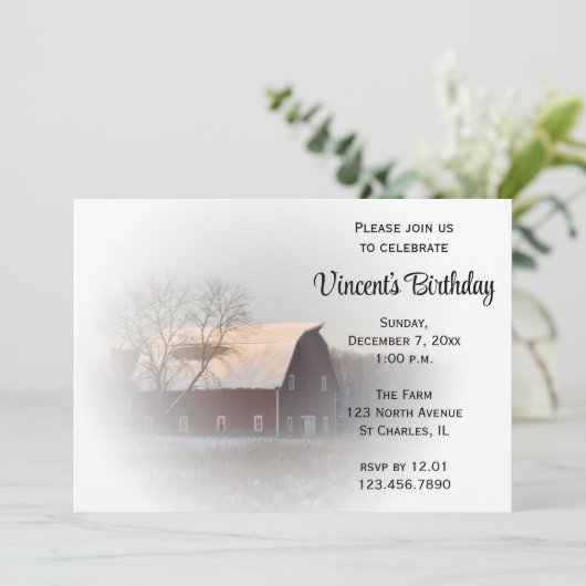 Snow Covered Barn Winter Birthday Party Kaart (Staand voorkant)