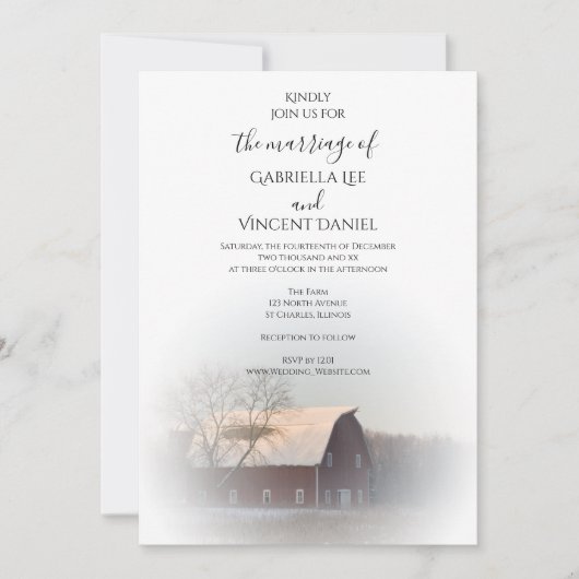 Snow Covered Barn Winter Country Weddenschap Kaart (Voorkant)