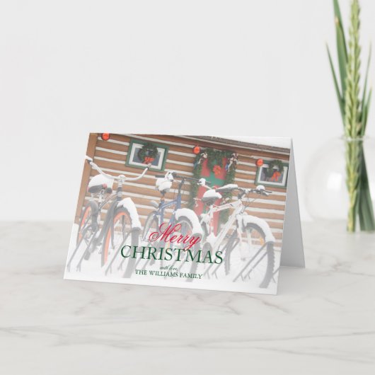 Snow-Covered Bicycles Near Festive Lodge Feestdagen Kaart (Voorkant)