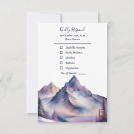 Snow covered mountains landscape wedding RSVP kaartje