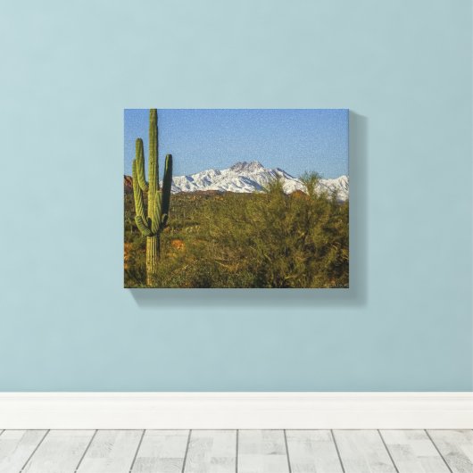 Snow Covertains Saguaro Cactus Arizona USA Canvas Afdruk (Insitu (Houten vloer))