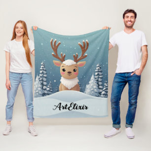 Snow Elk Schattige Kawaii Bruin Print Fleece Deken