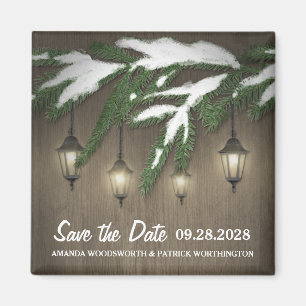 Snow Evergreen Lantern Wedding Save the Date Magneet