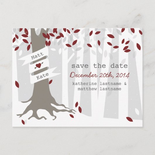 Snow Forest Winter Red Wedding Save Date Briefkaar Aankondigingskaart (Voorkant)