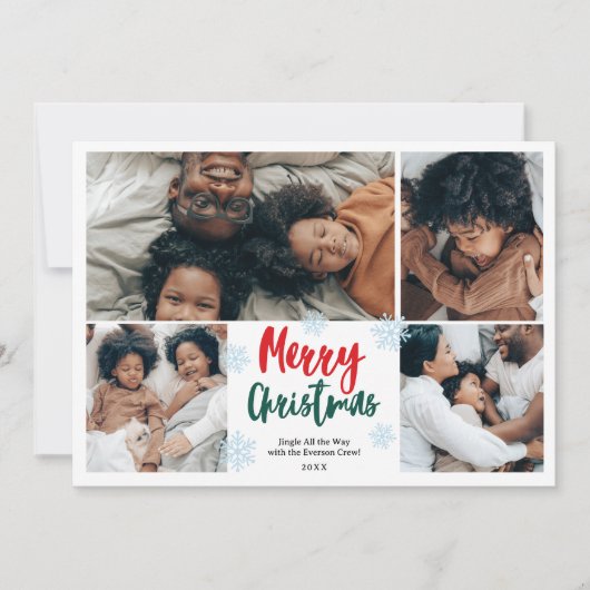 Snow Fun script vrolijk kerstgezin 5 foto's Feestdagenkaart (Voorkant)