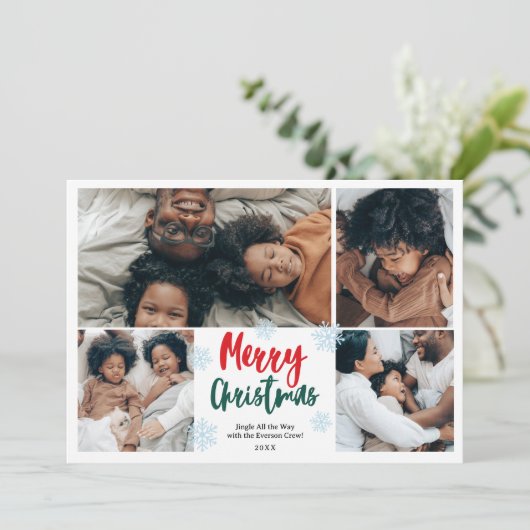 Snow Fun script vrolijk kerstgezin 5 foto's Feestdagenkaart (Staand voorkant)