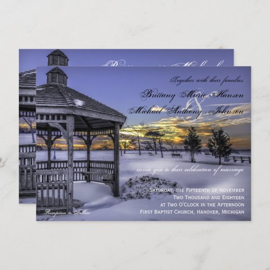 Snow Gazebo Tree Sunset Winter Wedding Invitations Kaart (Voorkant / Achterkant)