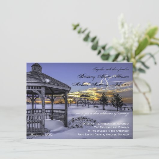 Snow Gazebo Tree Sunset Winter Wedding Invitations Kaart (Staand voorkant)