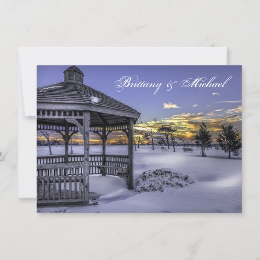 Snow Gazebo Tree Sunset Winter Wedding Invitations Kaart (Achterkant)