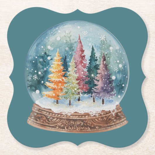 Snow Globe Colorful Christmas Tree Forest Kartonnen Onderzetters (Voorkant)