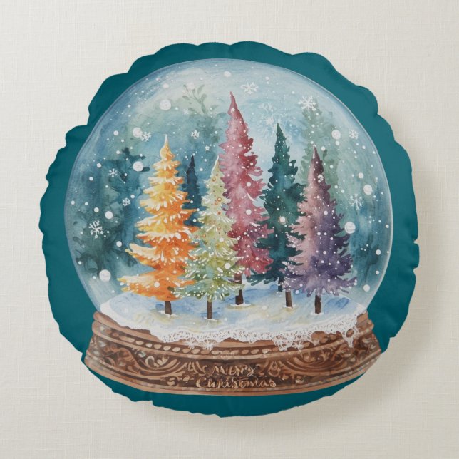Snow Globe Colorful Christmas Tree Forest Rond Kussen (Voorkant)