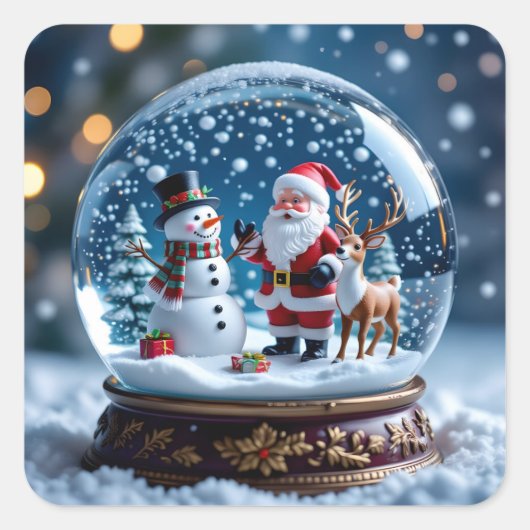 Snow globe with Santa and Reindeer Vierkante Sticker (Voorkant)