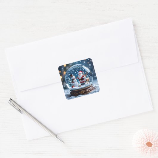 Snow globe with Santa and Reindeer Vierkante Sticker (Envelop)