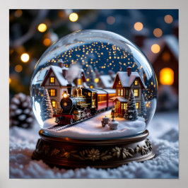 Snow globe with  Vintage Train and Village Poster