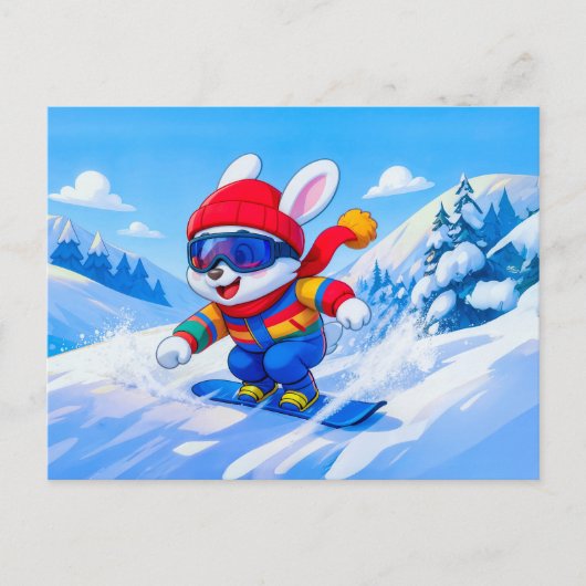 Snow Hare Snowboarding on a Winter Mountain Briefkaart (Voorkant)