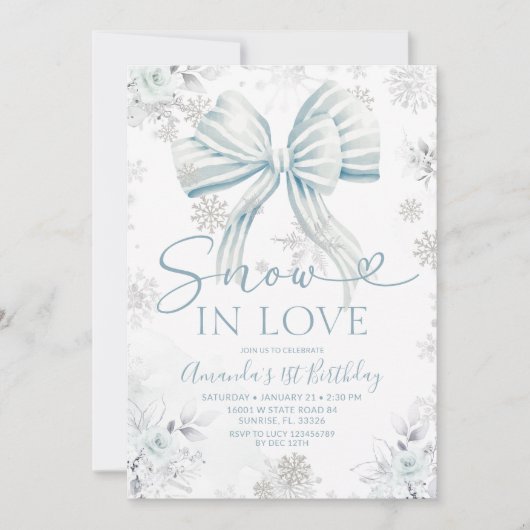 Snow In Love Blue Bow Silver Snowflake Birthday Kaart (Voorkant)