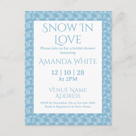 Snow In Love Blue Snowflake Bridal Shower  Uitnodiging Briefkaart (Voorkant)