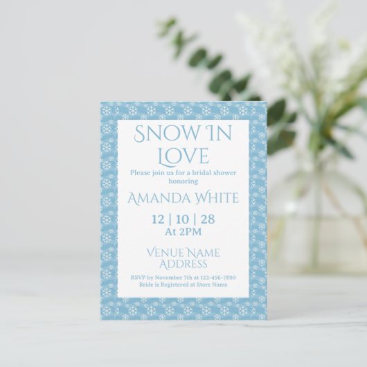 Snow In Love Blue Snowflake Bridal Shower  Uitnodiging Briefkaart (Staand voorkant)