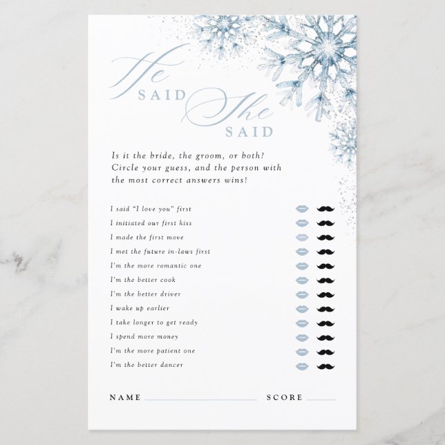 Snow in Love He Said She Said Bridal Shower Game (Voorkant)