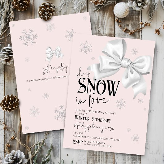 Snow In Love Modern Bow Pink Winter Bridal Shower Kaart