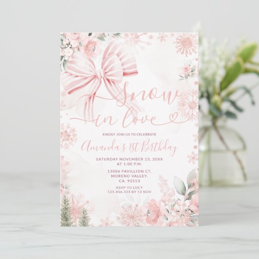 Snow In Love Pink Bow Floral Christmas Birthday Kaart (Staand voorkant)