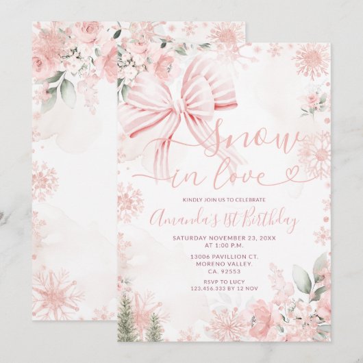 Snow In Love Pink Bow Floral Christmas Birthday Kaart (Voorkant / Achterkant)