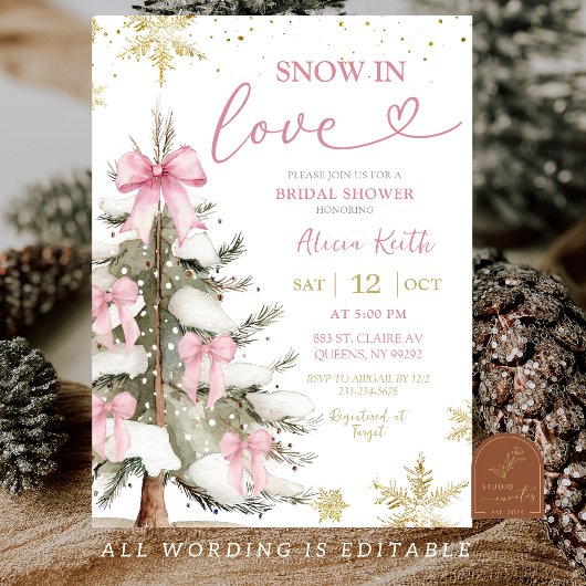Snow in Love Pink Winter Bridal Shower Kaart