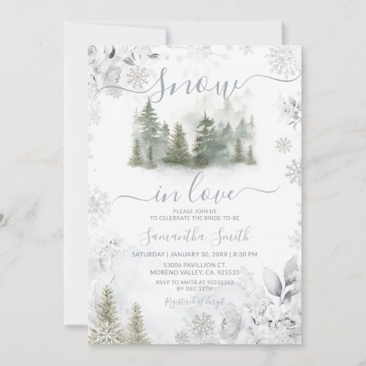Snow In Love Silver Winter Pine Tree Bridal Shower Kaart (Voorkant)