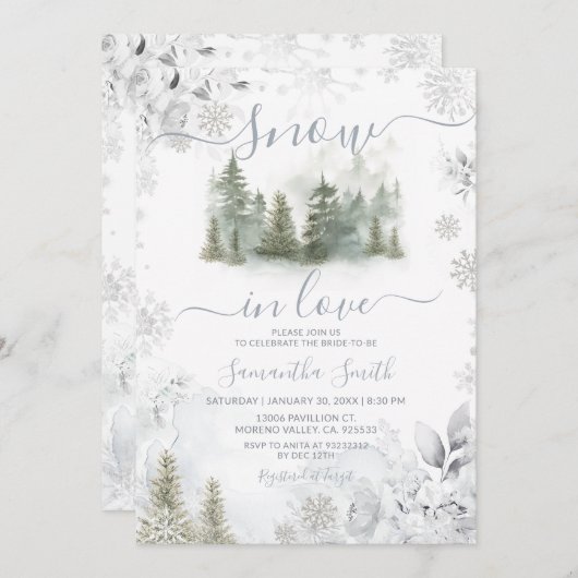 Snow In Love Silver Winter Pine Tree Bridal Shower Kaart (Voorkant / Achterkant)