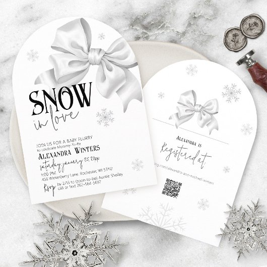 Snow In Love White Bow Baby Shower Winter Arch QR Kaart