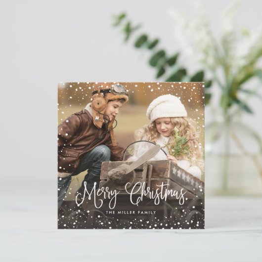 Snow-kerstscript fotoSquare Feestdagenkaart (Staand voorkant)