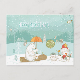 Snow Landscape Scene Bears and Snowman Christmas Briefkaart