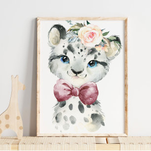 Snow Leopard Floral Baby Nursery Print