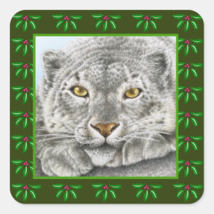 Snow Leopard Holly Leaf Kerst sticker