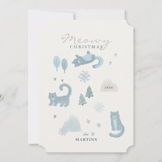 Snow Leopard Meowy Christmas Blue Holiday Kaart (Voorkant)