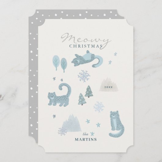 Snow Leopard Meowy Christmas Blue Holiday Kaart (Voorkant / Achterkant)