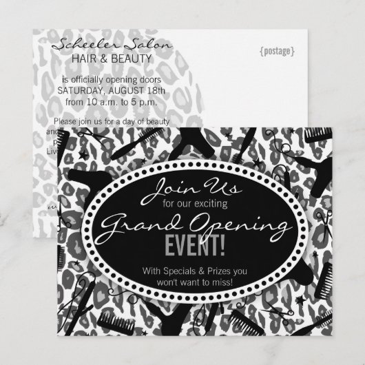 Snow Leopard Print Hair Salon Grand Opening Briefkaart (Voorkant / Achterkant)