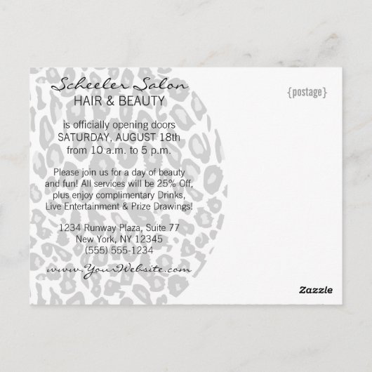Snow Leopard Print Hair Salon Grand Opening Briefkaart (Achterkant)