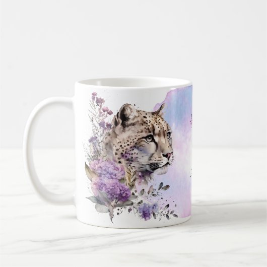 Snow Leopard Wild Cat Floral Waterverf Koffiemok (Links)