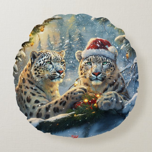 Snow Leopards Holiday Design beroemd gemaakt door  Rond Kussen (Voorkant)