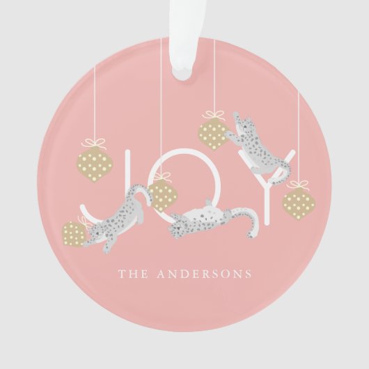 Snow Leopards & JOY Roze Kerstfoto Ornament (voorkant)