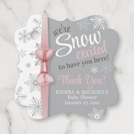 Snow Opgewonden Roze Grijs Sneeuwvlok Roze Baby sh Bedankjes Labels (Voorkant)