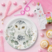 Snow Owl Winter Greenery Eucalyptus Gold Shower Papieren Bordje (Feest)